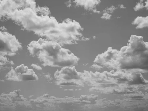 Monochrome cloudscape with various cloud formations, including cumulus, in a midday sky for atmospheric and meteorological representation.