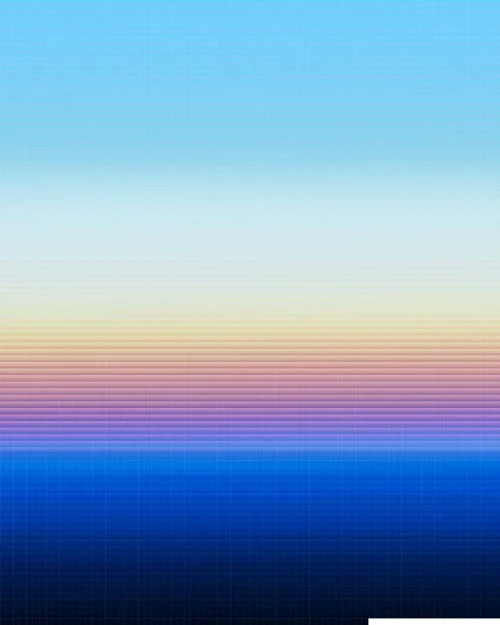 Abstract landscape art featuring a gradient of blue, purple, yellow, and white, reminiscent of sky and water, presented in pixelated style.