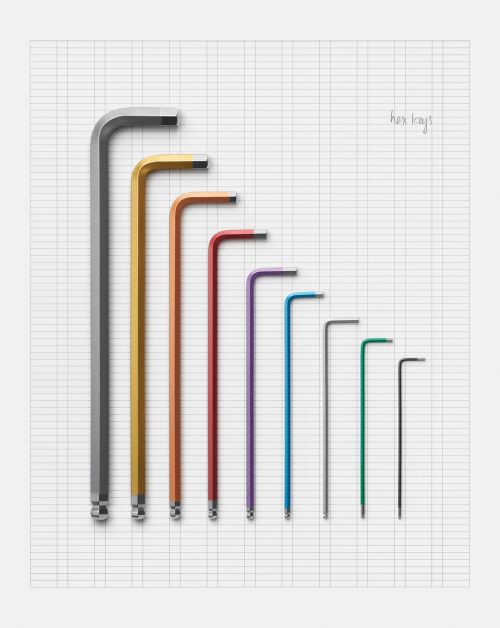 Arrangement of multi-colored hex keys lined up in a row, set against a white background with a light gray grid pattern.