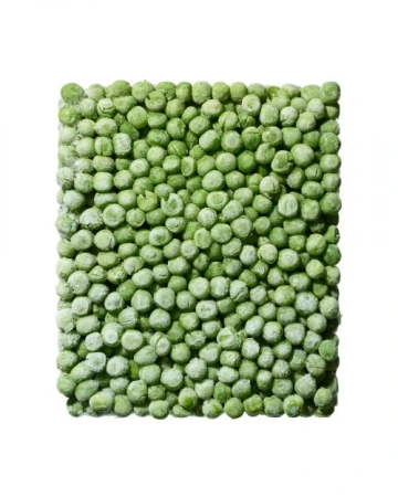 Close-up studio shot of vibrant green peas, densely packed in a square format, with a clean white background highlighting their texture.