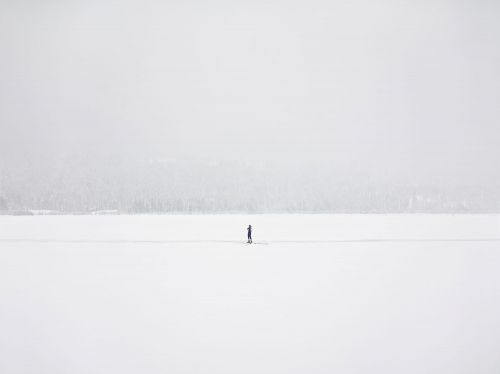 A lone adult stands on a snowy expanse under an overcast sky. The serene winter landscape creates a minimalist scene with muted colors.
