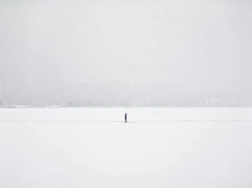 A lone adult stands on a snowy expanse under an overcast sky. The serene winter landscape creates a minimalist scene with muted colors.