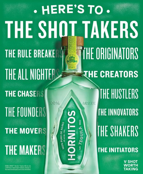 Hornitos tequila bottle on a green background with white sans-serif text, advertising the brand and product. Clear liquor bottle shot.