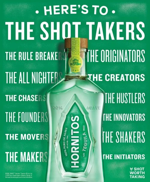Hornitos tequila bottle on a green background with white sans-serif text, advertising the brand and product. Clear liquor bottle shot.
