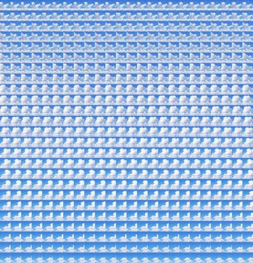 Overlapping rows of puffy white clouds against a bright blue sky create a layered, repetitive pattern filling the entire frame.