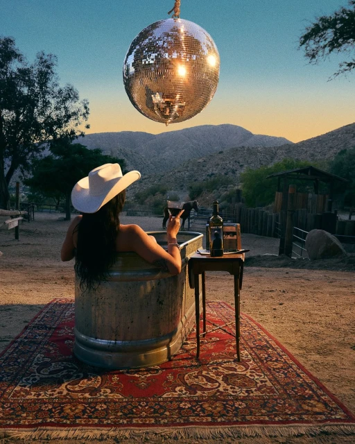 Woman in a metal tub in a rural setting wearing a cowboy hat, holding a wine glass with a disco ball hanging above.