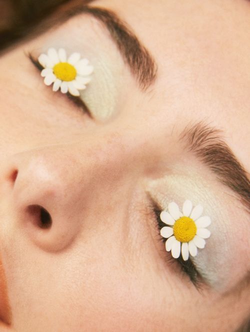 Close-up of a woman's face with daisy flowers covering her eyes, featuring creative makeup and soft lighting.