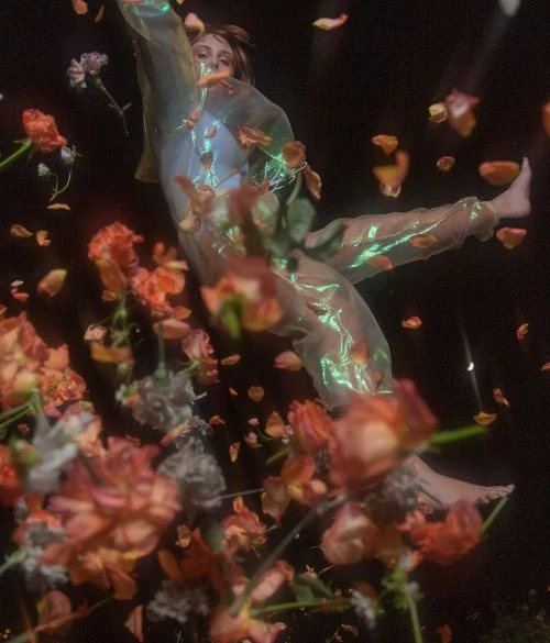 An adult female in a translucent outfit suspended in the air, surrounded by loose flower petals against a dark background.