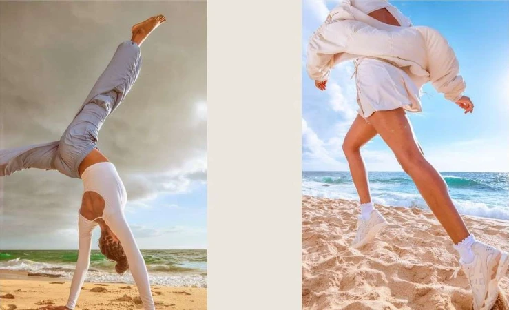Two women are doing athletic poses on sandy beaches, one doing a handstand and the other running, under sunny skies and soft natural light.