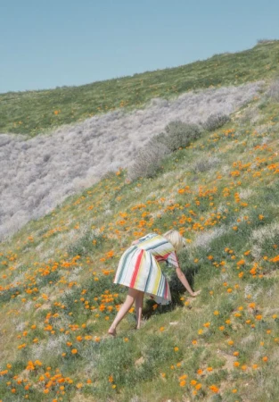 Woman in a striped dress climbs a hill covered in wildflowers on a sunny day. Grassy hillside and clear blue sky create a scenic view.
