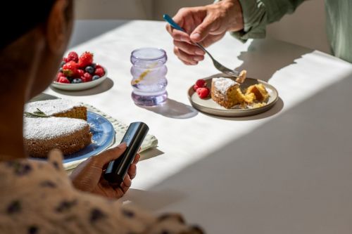 Two people at a table with cake, berries, and a drink. One person holds an object while the other eats, bathed in bright sunlight.