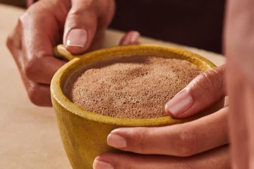 Close-up of a person holding a mug of hot chocolate, hands visible, brown color palette, indoor setting.
