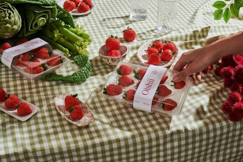 Still life with strawberries in containers and on plates, arranged on a green and white checkered tablecloth with greenery in the background.