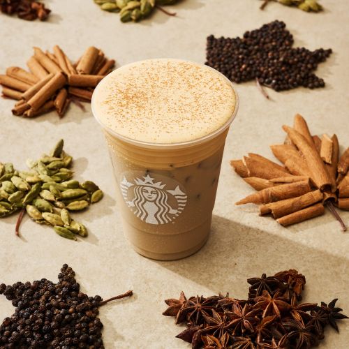 Iced beverage in a plastic cup with spices arranged to look like autumn leaves, including star anise, cinnamon sticks, and cardamon pods.