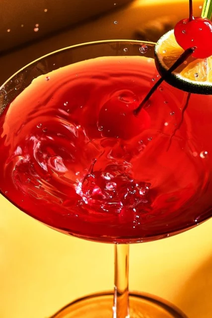 Close-up studio shot of a vibrant red cocktail in a stemmed glass, garnished with a cherry and citrus slice, set against a warm, golden backdrop.