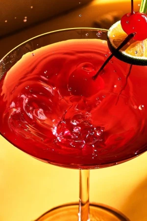 Close-up studio shot of a vibrant red cocktail in a stemmed glass, garnished with a cherry and citrus slice, set against a warm, golden backdrop.