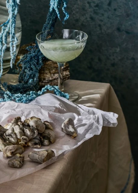 Still life of a coupe glass filled with a light green beverage, oysters on crumpled paper, and decorative blue floral elements.