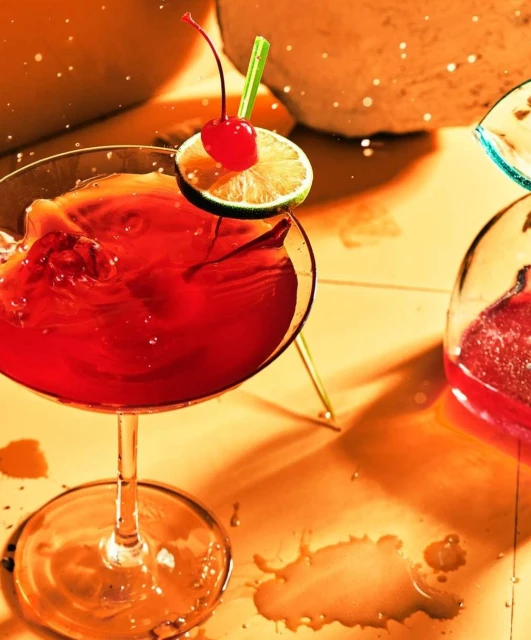Overhead shot of a vibrant red cocktail garnished with a cherry and lime slice, splashes visible against a mottled golden backdrop.