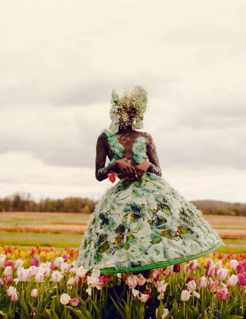 Dark-skinned model in a floral dress stands in a tulip field beneath a cloudy sky, holding a red rose, fashion and floral concept.