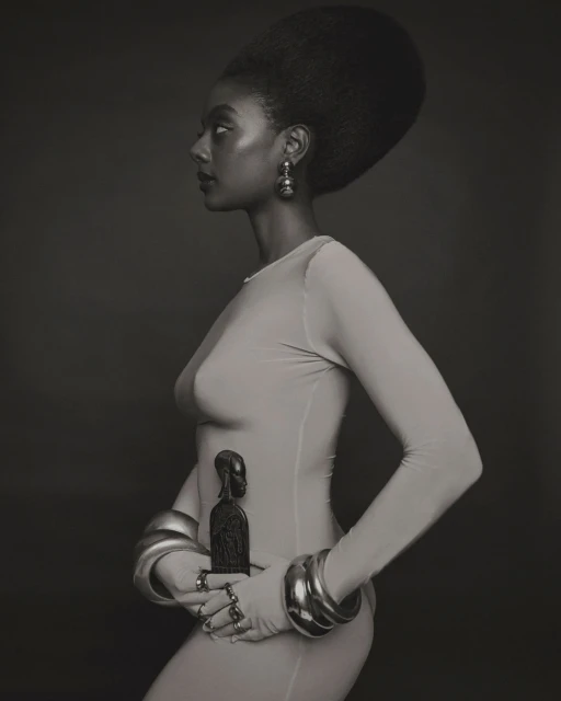 Profile portrait of an African American woman with an afro in a light dress, wearing several bangles and holding a dark statue.