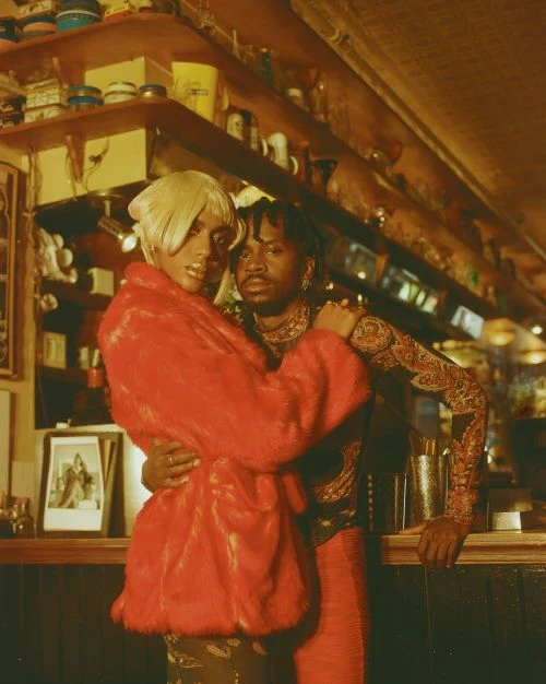 Two stylish people pose indoors: one in a red faux fur coat and the other in patterned top and pants. Drinks and bar area.