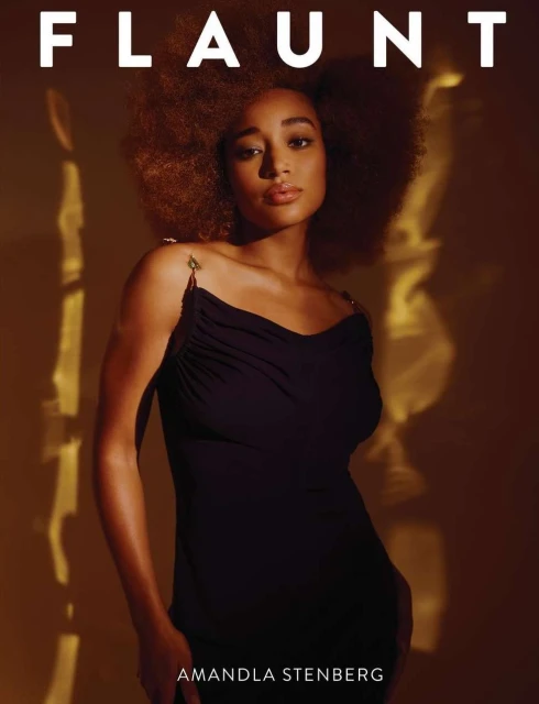 Amandla Stenberg poses in a black dress on the cover of Flaunt magazine, showcasing a warm, golden-toned portrait with soft lighting.