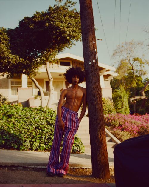 Shirtless man with afro leans against a wooden telephone pole in front of a house with green and pink shrubbery in natural light.