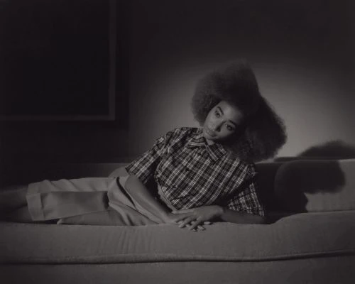 Portrait of a Black woman with voluminous afro hair wearing a plaid button-down shirt reclining on a sofa.