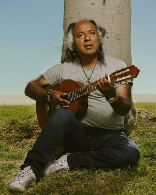 Adult male sitting on grass, playing an acoustic guitar next to a tree on a sunny day with a blue sky background.