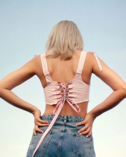 Back view of a blonde woman wearing a pink checkered crop top and jeans against a blue sky, hands on hips, fashion photography.