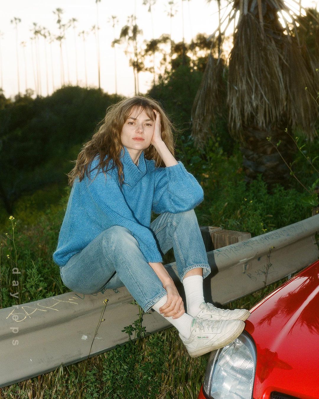 Young woman with bangs sits on a metal guardrail near a red car in a grassy, overgrown area. Trees are silhouetted in the background.