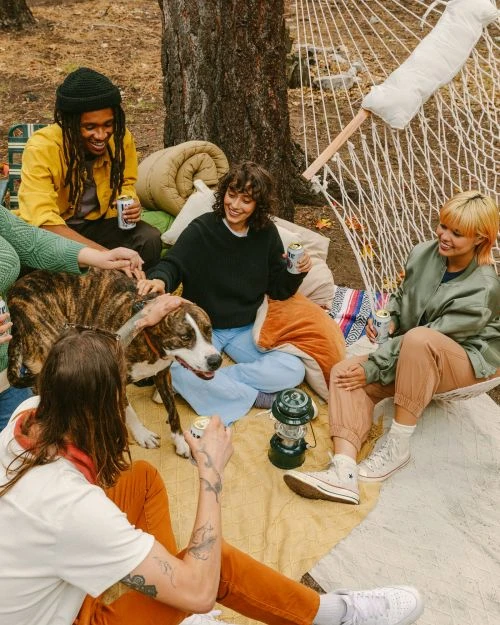 Group of six young adults and a dog gathering in a forest setting with a hammock, blankets, pillows, and a green camping lantern.