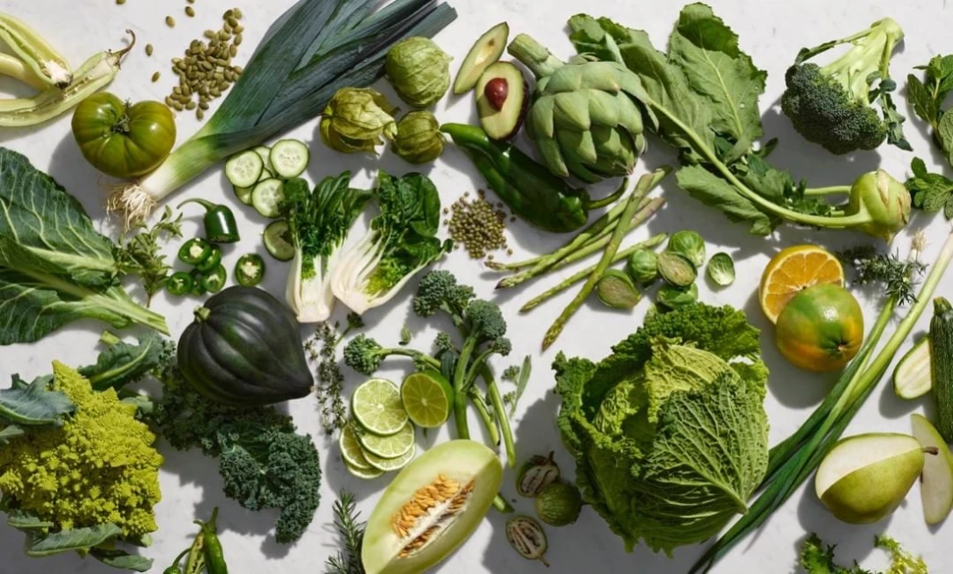 Overhead shot of fresh green produce including leafy greens, broccoli, avocado, lime, peppers, and seeds arranged on a white surface.