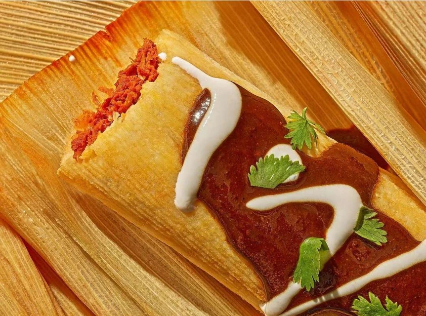 Close-up of a delicious tamale with rich red sauce, cilantro, and white cream, set on a bed of dried corn husks, creating a warm, inviting food image.