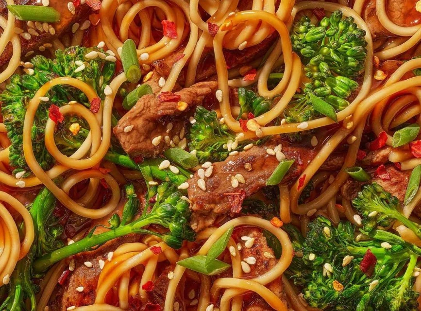 A close-up overhead shot displays stir-fried noodles with beef, broccoli, sesame seeds, and spices, creating a colorful and tasty dish.