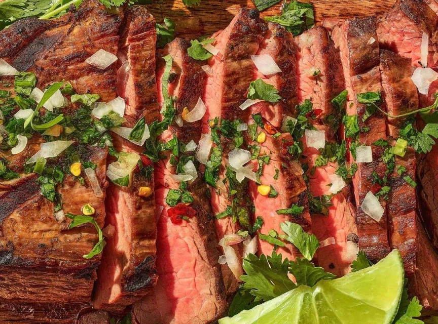 Close-up of a sliced flank steak garnished with fresh herbs and diced onions, presented on a wooden board with a lime wedge.