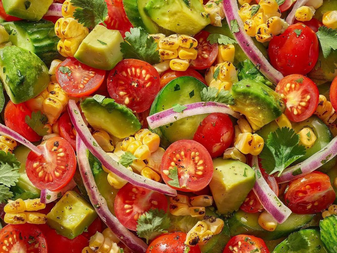 Overhead shot of a vibrant salad with sliced tomatoes, avocado, corn, cucumbers, and red onion, offering a fresh and colorful food presentation.