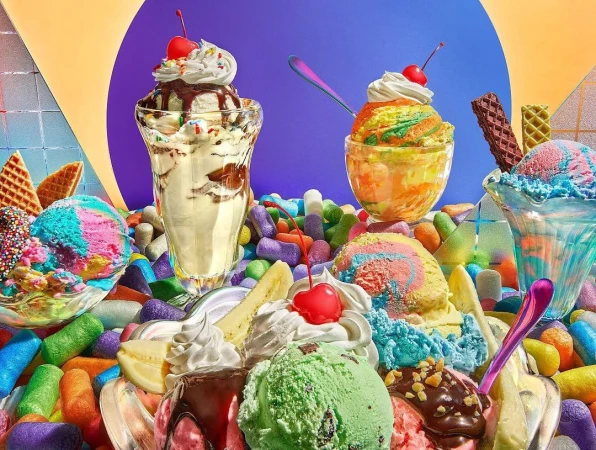 Arrangement of colorful ice cream sundaes and cones with candy toppings, waffle pieces and spoons against a violet and yellow background.
