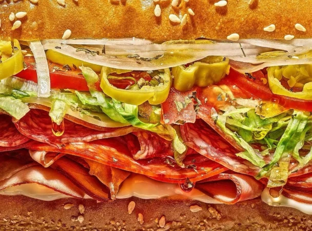 Close-up of a stacked sandwich showcasing layers of salami, lettuce, tomatoes, onions, and peppers, and a sesame seed bun.