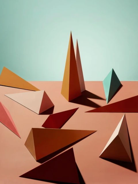 Abstract still life photography featuring triangular prisms and flat triangular shapes in peach, tan, and blue against a two-tone background.