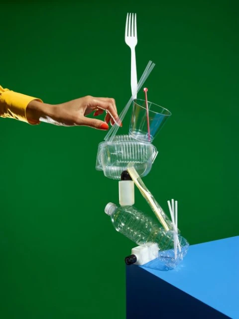 Hand stacking single-use plastic objects including a fork, drink cup, straws, container, bottle on a blue surface with a green background.