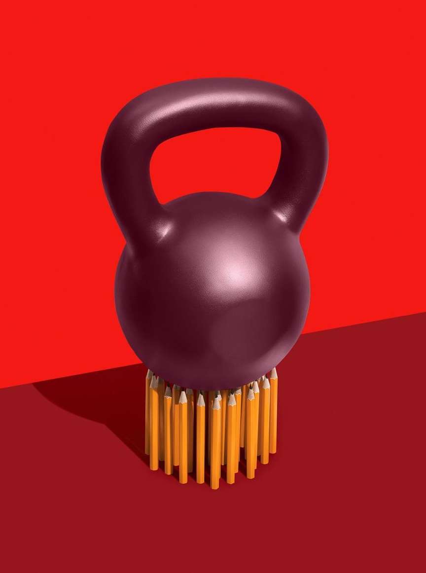 Weightlifting kettlebell rests on yellow pencils against a bright red background in a high-contrast studio shot.