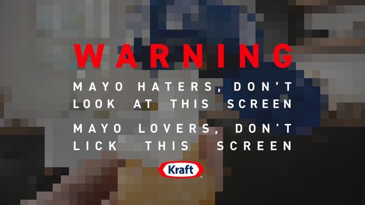 Warning text about mayonnaise preferences, with Kraft logo, against a pixelated background image of unidentifiable subjects.