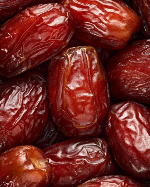 Close-up photo of many shiny brown dates, with visible wrinkled textures, highlighting their natural sweetness and inviting appearance.