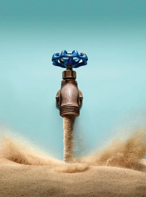 A blue-handled faucet pours brown sand onto a sandy surface against a light-blue background in a still life composition.