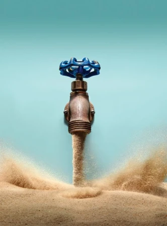 A blue-handled faucet pours brown sand onto a sandy surface against a light-blue background in a still life composition.