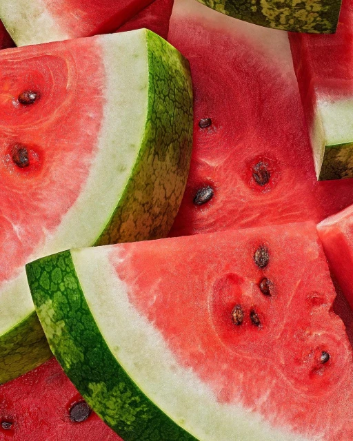 Close-up of fresh watermelon slices featuring juicy red flesh, dark seeds, and vibrant green rinds in a healthy food arrangement.