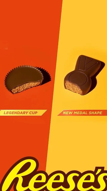Two Reese's peanut butter cups, one in the classic cup shape and one in a medal shape, on an orange and yellow background.