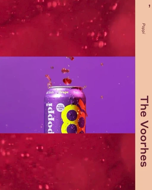 A purple can of Poppi soda with a splash of liquid against a purple background, split by a horizontal abstract burgundy pattern.