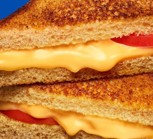 Close-up of a grilled cheese sandwich with tomato slices against a blue background, showcasing its melted cheese and golden-brown bread.